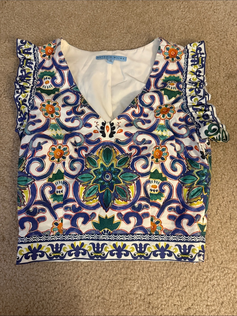 ANTONIO MELANI Floral Mosaic V-Neck Ruffle Sleeve Camisole - Blue Green Orange